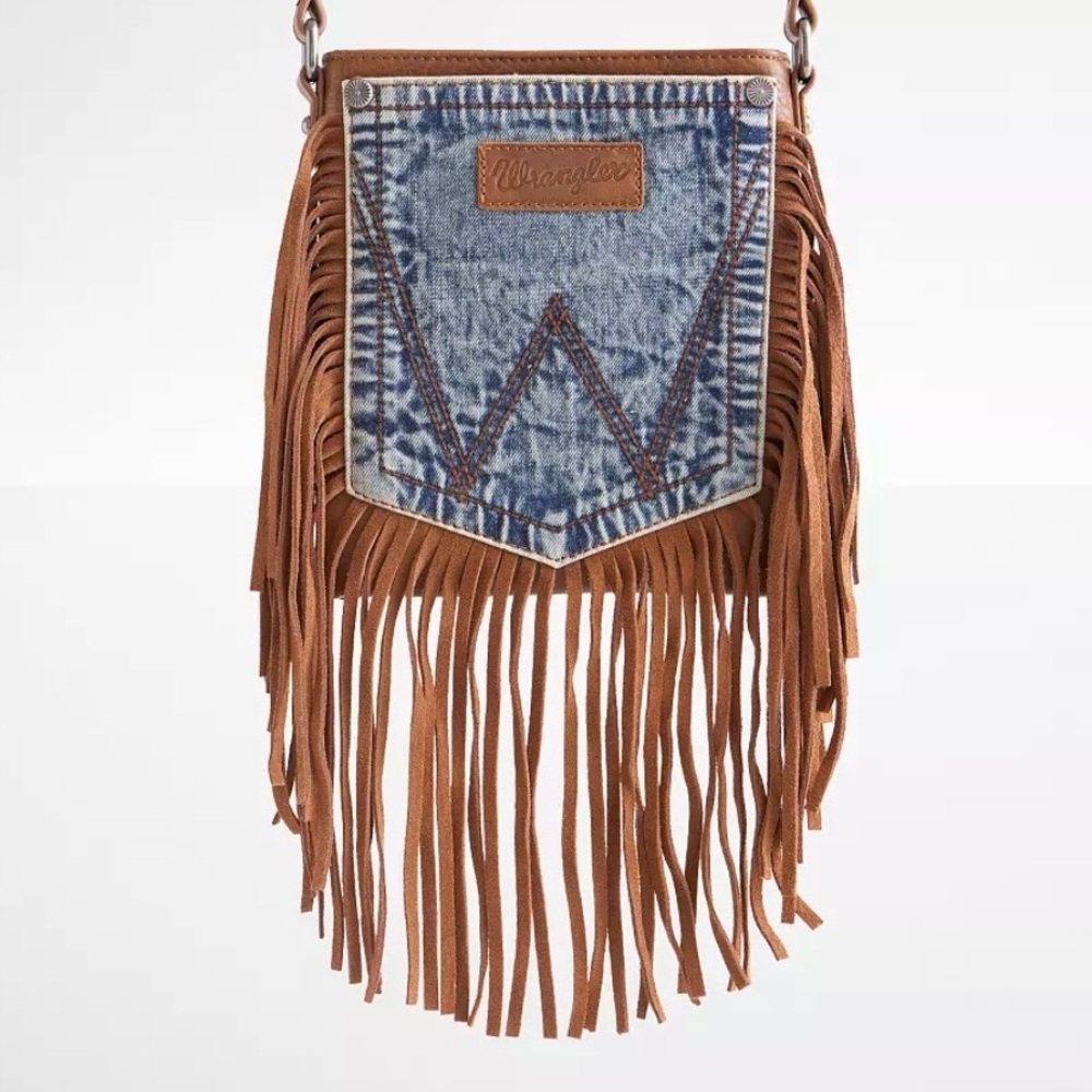Wrangler Denim and Tan Fringe Crossbody Bag